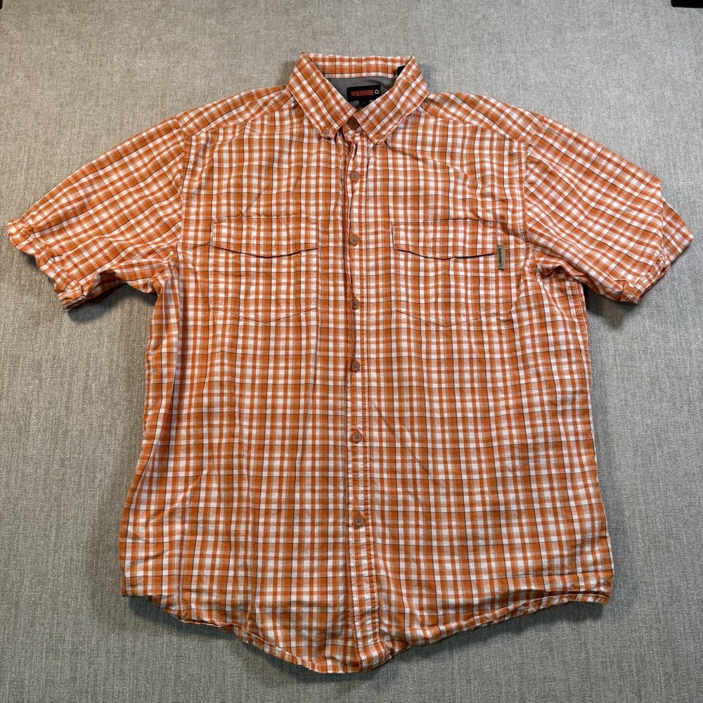 Wolverine Mens Short Sleeve Button Down Plaid Work Shirt Orange Size Large Check